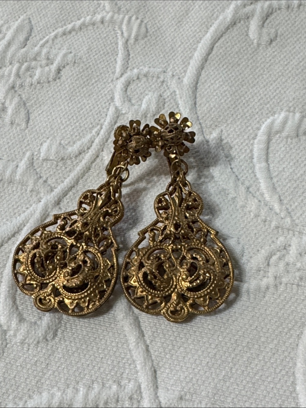 Miriam Haskell Gold Filigree Teardrop Dangle Earrings